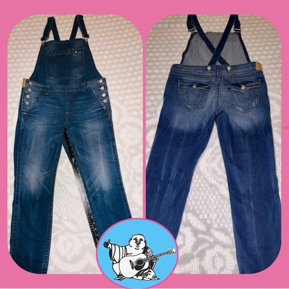 True Religion Women's Denim Overalls Size XL Faded With Adjustable Straps Cute!!